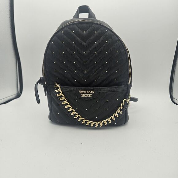 Victoria's Secret Handbags - Victoria's Secret V Quilt Mini Backpack Black Gold Chain Studded Bag